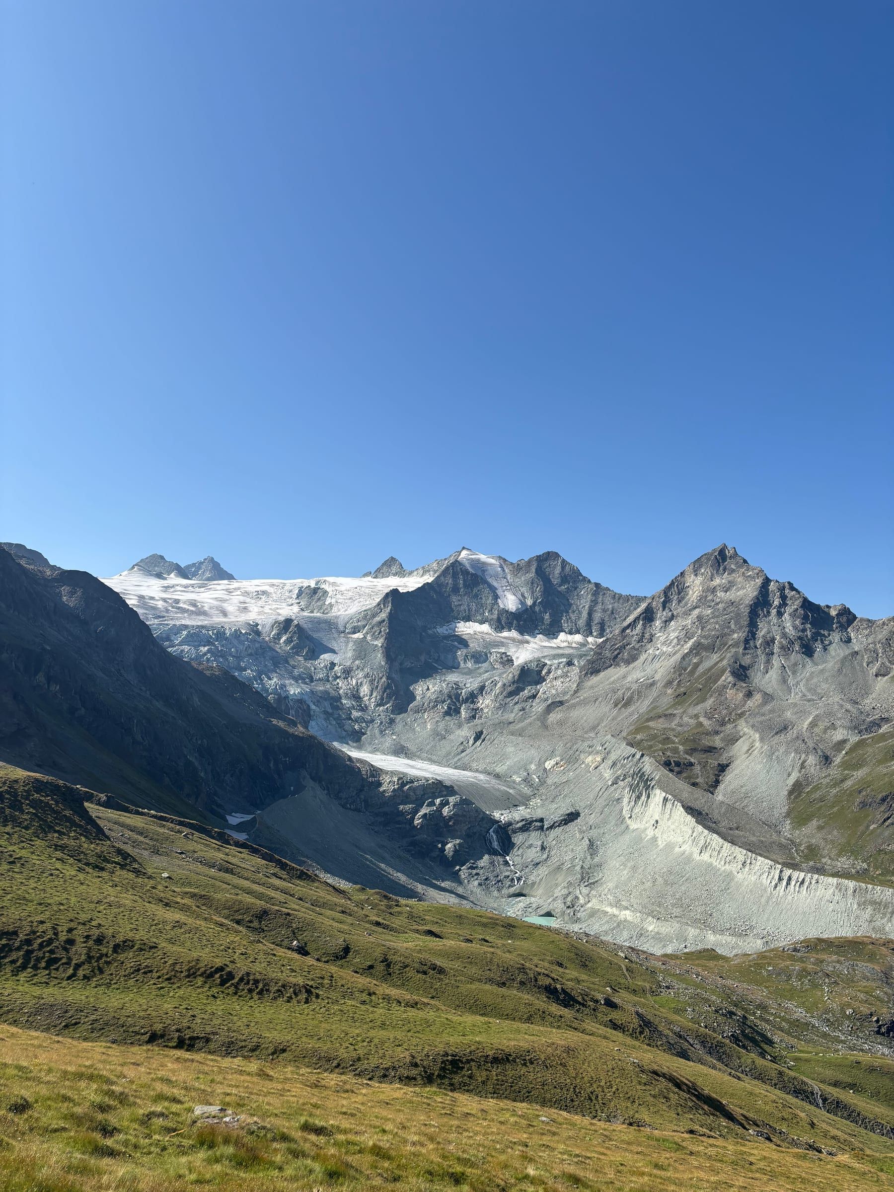 The Moiry glacier and surrounding peaks seen from the alpine meadows, with a small turquoise glacial lake below